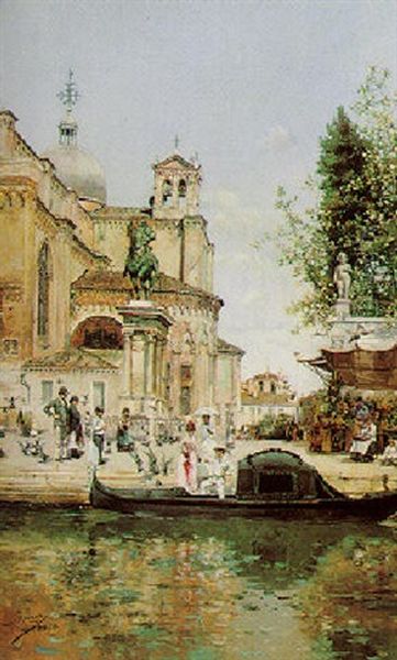 The Church Of S. Giovanni E. Paolo And The Colleoni Equestrian Monument, Venice Oil Painting by Jose Gallegos Y Arnosa