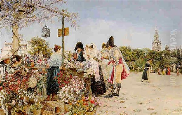 Puesto De Flores Cerca De La Catedral De Sevilla Oil Painting by Jose Gallegos Y Arnosa