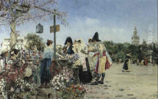 Mercado De Flores, Sevilla Oil Painting by Jose Gallegos Y Arnosa