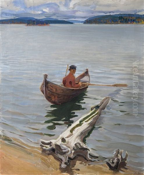 Rower On The Lake Oil Painting by Akseli Valdemar Gallen-Kallela