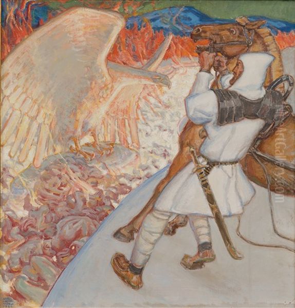 Lemminkainen At The River Of Fire Oil Painting by Akseli Valdemar Gallen-Kallela