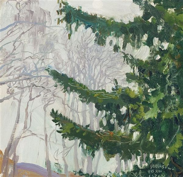 Fog At Christmas (possibly A View From Tarvaspaa) Oil Painting by Akseli Valdemar Gallen-Kallela