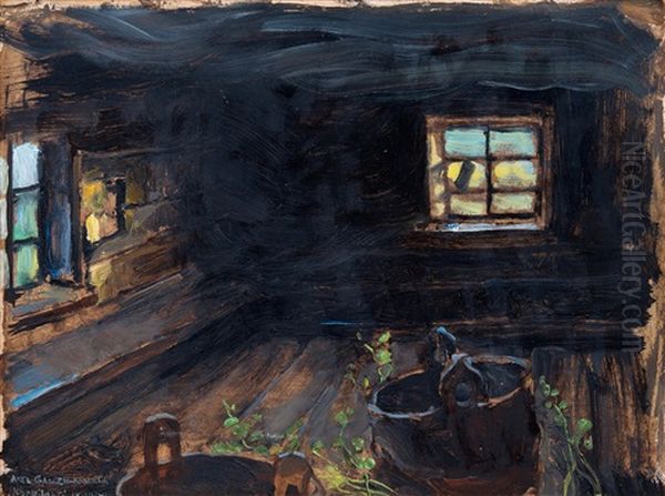 Sauna Interior Oil Painting by Akseli Valdemar Gallen-Kallela