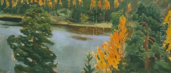 Lake View In Autumn Oil Painting by Akseli Valdemar Gallen-Kallela