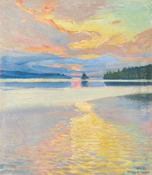 Sunset Over Lake Ruovesi Oil Painting by Akseli Valdemar Gallen-Kallela