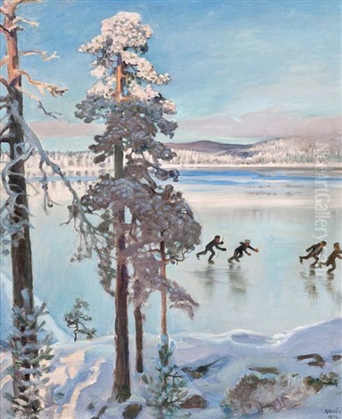 Skaters Near The Shore Of Kalela Oil Painting by Akseli Valdemar Gallen-Kallela