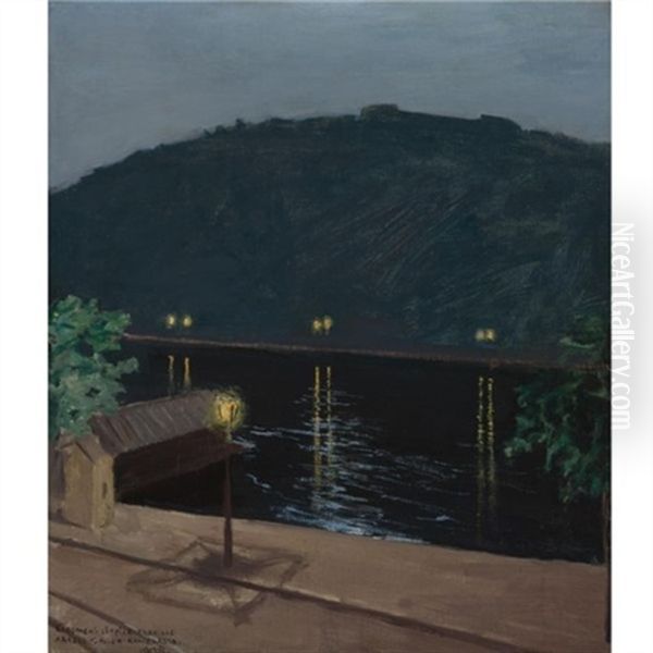 Oinen Donau Joki (night Lights Reflecting Off The Danube, Budapest) Oil Painting by Akseli Valdemar Gallen-Kallela