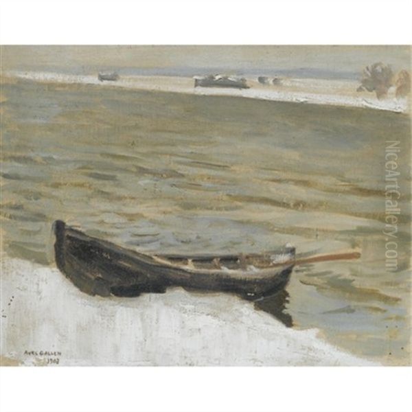 Vene Rannassa (boat Moored On A River Bank) Oil Painting by Akseli Valdemar Gallen-Kallela