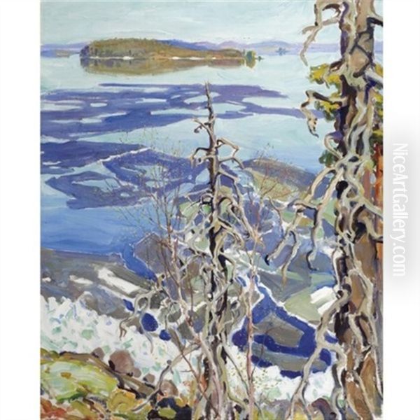 Jaiden Lahto Ruovesi (ice Breaking-up On Lake Ruovesi) Oil Painting by Akseli Valdemar Gallen-Kallela