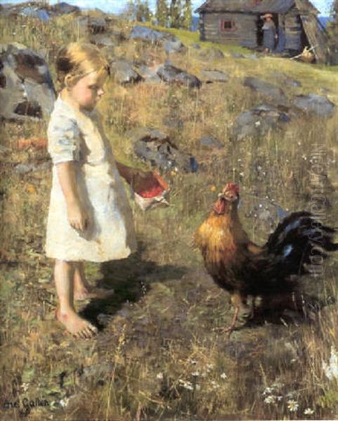 Flickan Och Tuppen Oil Painting by Akseli Valdemar Gallen-Kallela