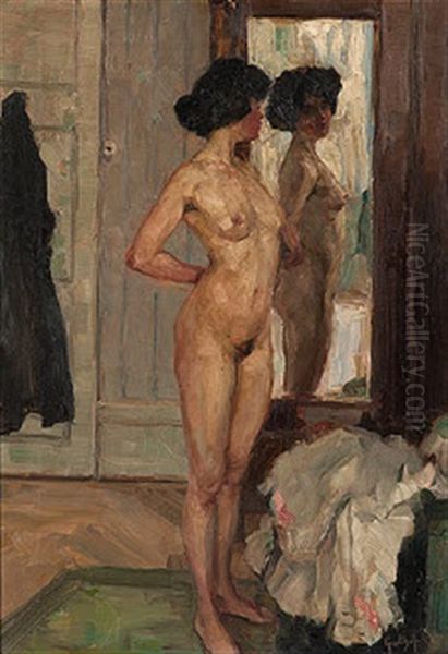 Nude Before A Mirror Oil Painting by Wilhelm Gallhof