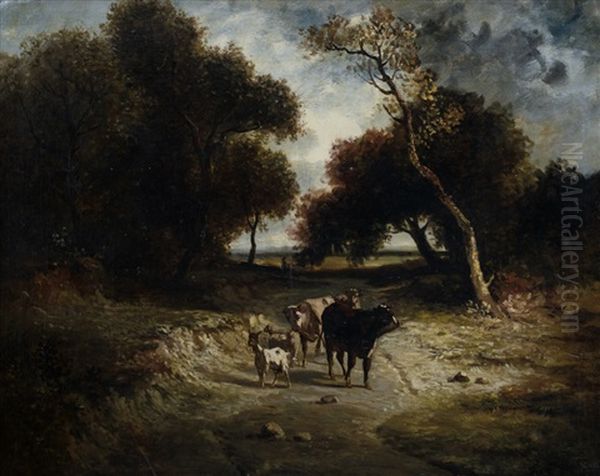 Capre E Mucche Sul Limitar Del Bosco Oil Painting by Giuseppe Galli