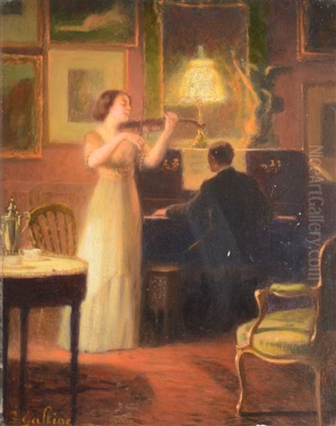 Pianiste Et Violoniste Sous La Lampe Oil Painting by Louis Galliac