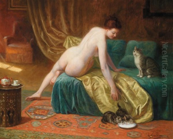 Interieur Mit Weiblichem Akt Auf Einer Chaiselongue Und Einer Katzenfamilie Oil Painting by Louis Galliac