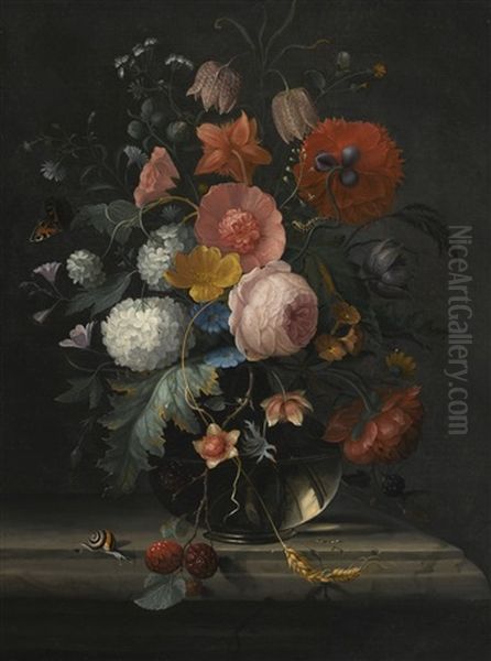 Still Life Of Roses, Fritillaria, Viburnum And Other Flowers In A Glass Vase Resting On A Ledge, With A Snail And Butterfly Oil Painting by Pieter Gallis