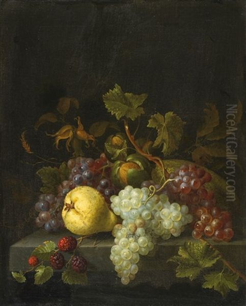 Stillleben Mit Weintrauben, Birne, Brombeeren Und Nussen Auf Einer Steinplatte Oil Painting by Pieter Gallis