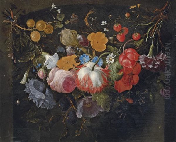 A Swag Of Flowers Hanging In A Niche Oil Painting by Pieter Gallis