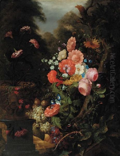 Roses, Carnations, Poppies And Other Flowers By A Tree Trunk, With Carnations In A Sculpted Flower Pot And Grapes And Other Fuits In A Basket, In A Garden Oil Painting by Pieter Gallis