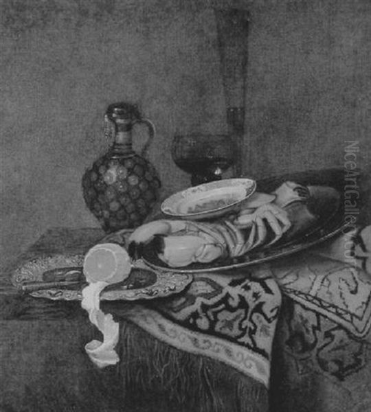 Still Life Of A Lobster, Porcelain Platter, Peeled Lemon On A Silver Plate With A Jug And Glasses Beyond, On A Ledge Draped With An Oriental Rug Oil Painting by Pieter Gallis