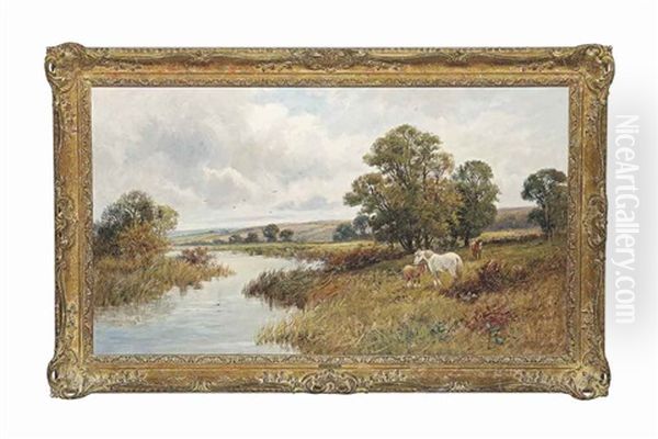 A Mare And Foals Grazing By A River Oil Painting by Robert Gallon