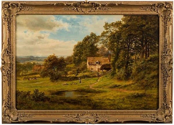 A Extensive Country Scene; Chickens Feeding, A Pond And Cottage In The Foreground, View To Cattle And A Farm Beyond Oil Painting by Robert Gallon