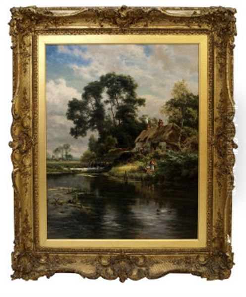 Figures By A Thatched Cottage With Woodland And A Stream Oil Painting by Robert Gallon