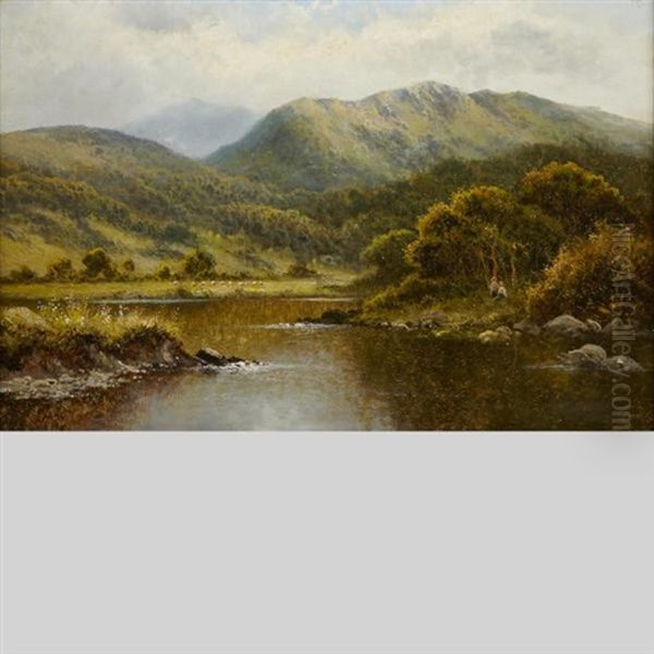 Couple On A Riverbank With Flock Of Sheep In Distance Oil Painting by Robert Gallon