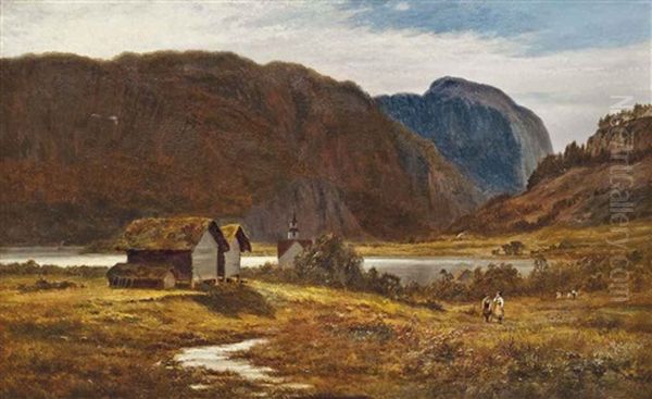 On The Shores Of A Lake, With A Church Beyond, Bygland, Norway (+ Berry Pickers, Bygland, Norway; Pair) Oil Painting by Robert Gallon