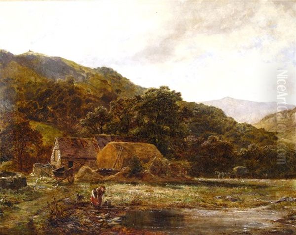 A Woman Fetching Water From A River By A Farmstead Oil Painting by Robert Gallon