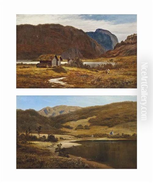 On The Shores Of A Lake, With A Church Beyond, Bygland, Norway; Berry Pickers, Bygland, Norway (pair) Oil Painting by Robert Gallon