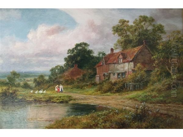 Children By A Cottage On A Lane Oil Painting by Robert Gallon