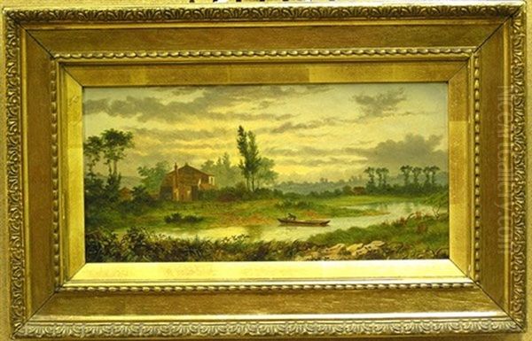 River Landscape With Man In Boat Oil Painting by Robert Gallon