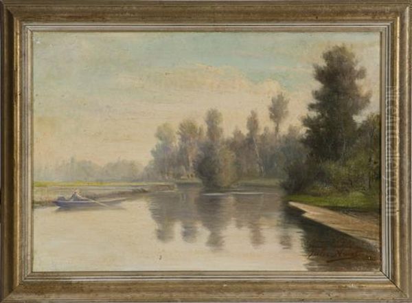 Calm Water Scene With Person In Row
Boat. Oil Painting by Jules-Charles Aviat