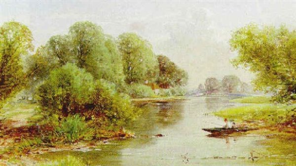 Anglers On A Tranquil River Oil Painting by Robert Gallon