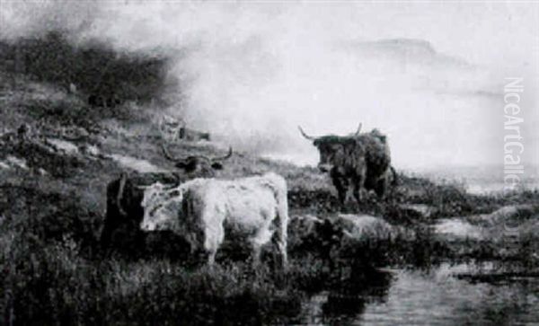 Highland Cattle Watering Oil Painting by Robert Gallon