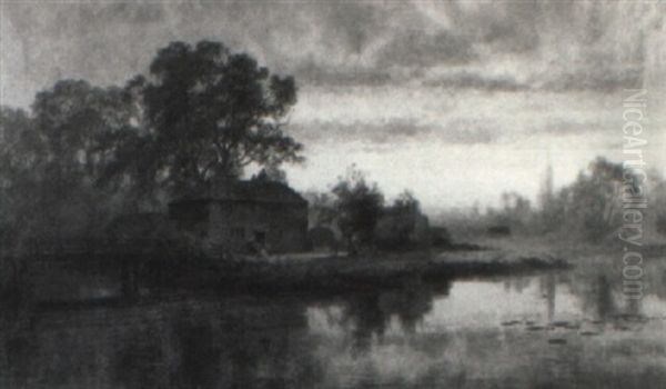 Pond Landscape At Sunset With House, Bridge And Figures Oil Painting by Robert Gallon