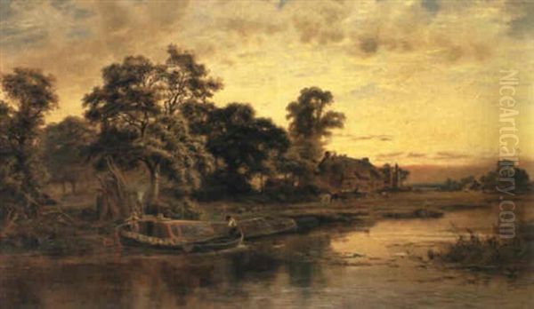 A Working Barge At Sunset Oil Painting by Robert Gallon