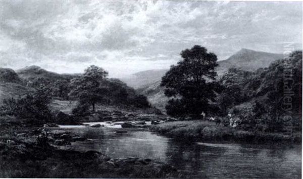 A Mountainous River Landscape With Children Playing Oil Painting by Robert Gallon