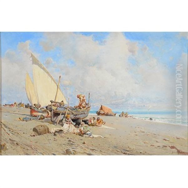 Fishermen Oil Painting by Baldomero Galofre Gimenez