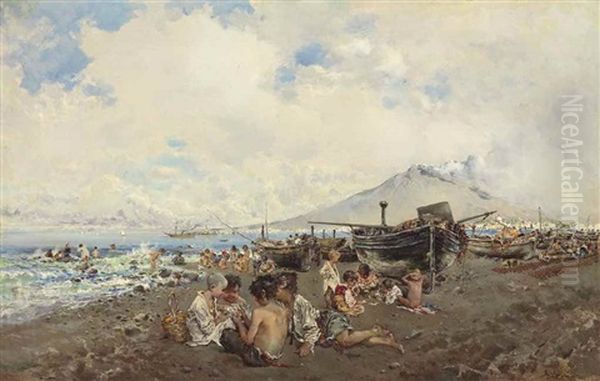 Children Playing Cards On A Beach, The Bay Of Naples And Vesuvius Beyond Oil Painting by Baldomero Galofre Gimenez