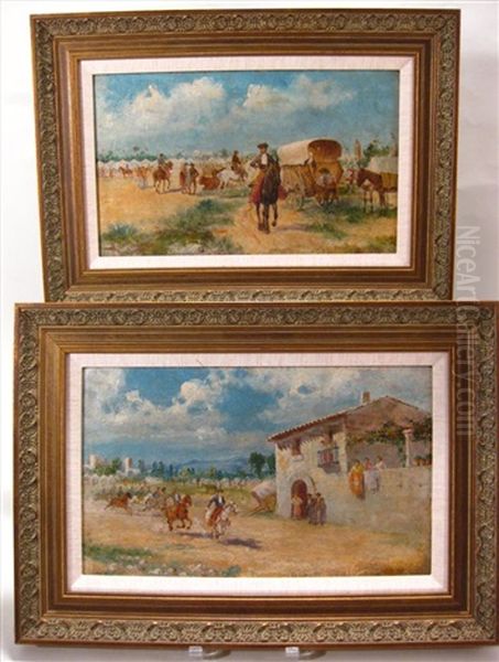 View Of Camp (+ Riding Through Outskirts Of Village; Pair) Oil Painting by Baldomero Galofre Gimenez