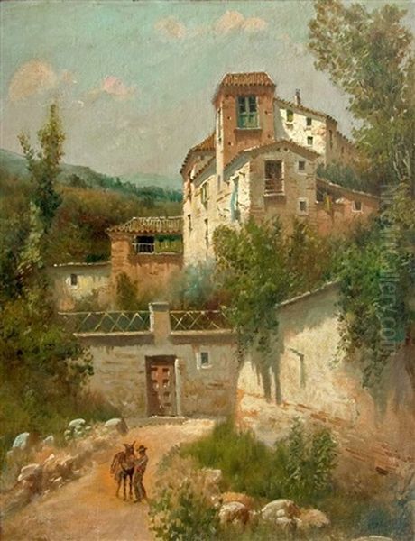 A Catalan Street Scene Oil Painting by Baldomero Galofre Gimenez