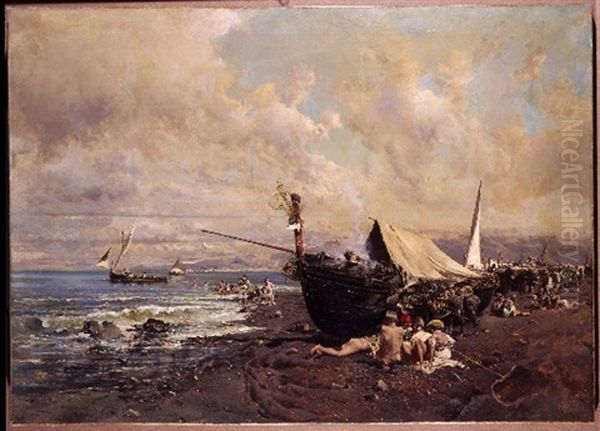 Ninos Con Barcos En Una Playa De Napoles Oil Painting by Baldomero Galofre Gimenez