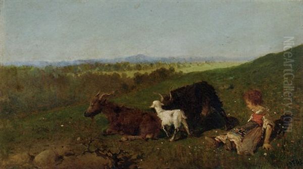 Young Shepherdess In A Meadow Oil Painting by Baldomero Galofre Gimenez