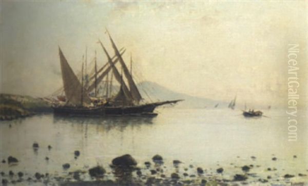 Fishing Boats On The Shore Oil Painting by Baldomero Galofre Gimenez