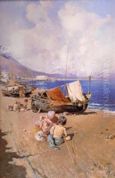 Enfants Sur La Plage, Baie De Naples Oil Painting by Baldomero Galofre Gimenez