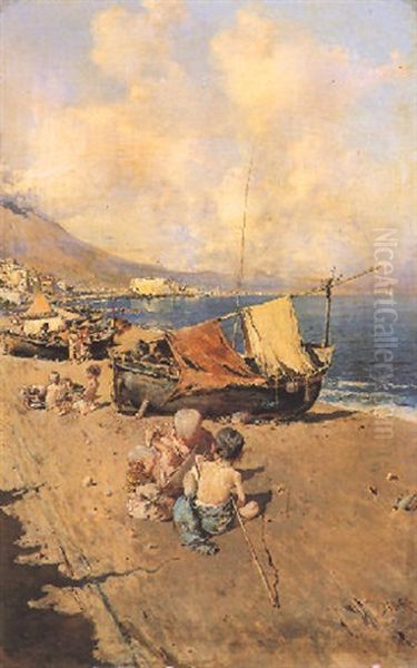 Ninos En La Playa Oil Painting by Baldomero Galofre Gimenez