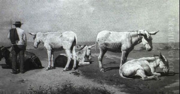 Los Burros En El Camino Oil Painting by Baldomero Galofre Gimenez