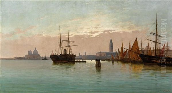 At The Entrance To The Grand Canal In Venice, On The Left The Punta Della Dogana And Santa Maria Della Salute, And Right The Piazza San Marco Oil Painting by Pietro Galter