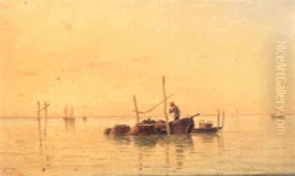 A Fisherman On A Venetian Lagoon Oil Painting by Pietro Galter